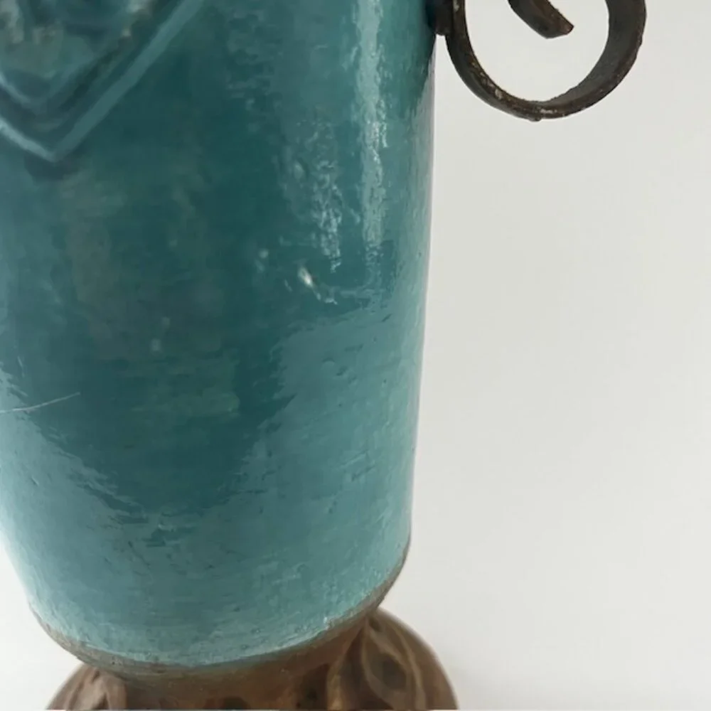 Glazed Ceramic Planter Vase Distressed Rustic Tuscan Scroll Metal Handles Aqua